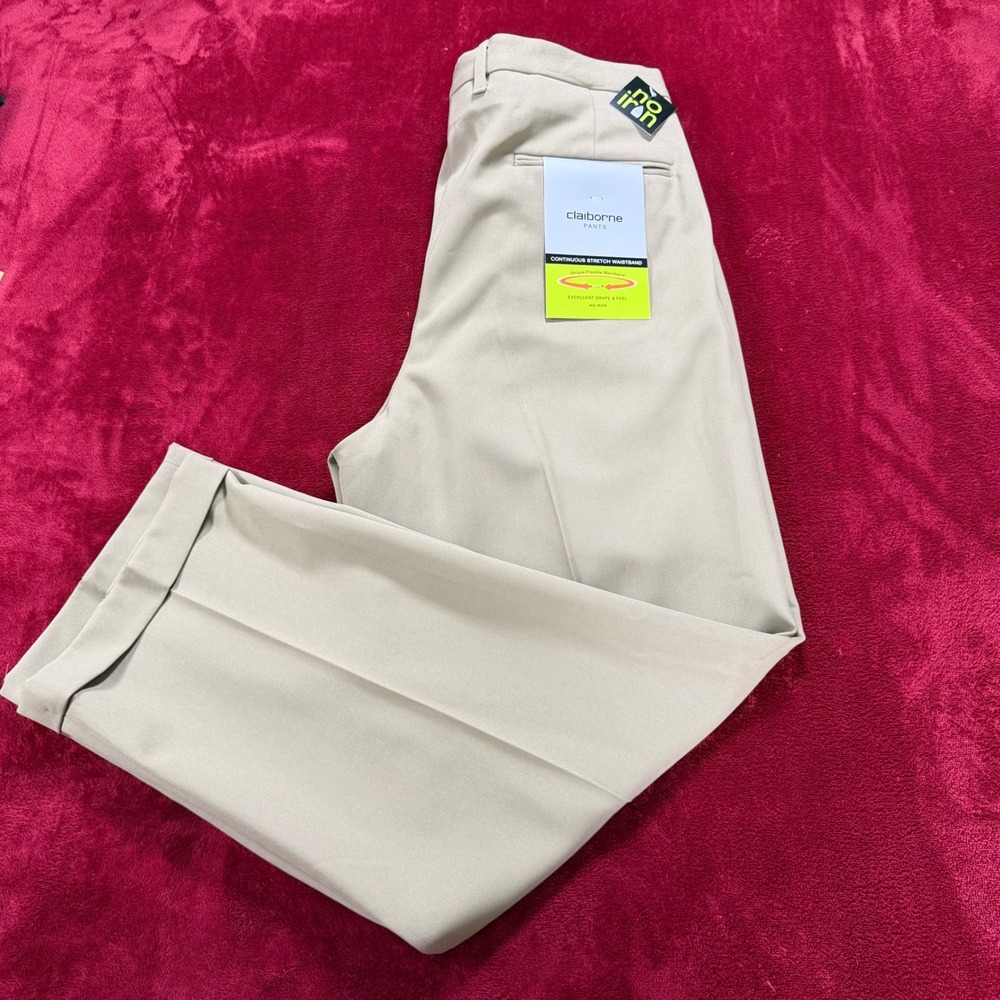 Claiborne Mens Taupe Pleated Cuffed Stretch Gabardine No Iron Dress Pants 34x29